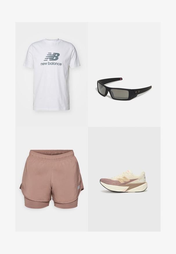 Balta kokvilnas t-kreklu ar pelēku "NB" logo un "new balance" tekstu, īsām piedurknēm, klasiskā apaļā kakla dizainā, gluda tekstūra.; Gaiši rozā sporta šorti ar elastīgu jostu, slāņveida dizainu un atstarojošu logotipa detaļu sānos. Gluda auduma.; Skriešanas apavi ar krēmveida augšdaļu, rozā akcentiem un pelēkiem elementiem. Iezīmējas ar biezām zolēm ar teksturētu virsmu un izteiktu logo.; Melni saulesbrilles ar matētu apdari, taisnstūra lēcām, nedaudz izliektiem tempļiem, smalkiem logotipa elementiem un dūmu nokrāsas lēcām.