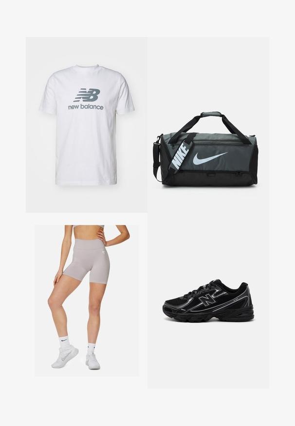 Bela bombažna majica s kratkimi rokavi, ki ima sivega "NB" logotipa in besedilo "new balance", klasičen kroj in gladko teksturo.; Svetlo sivi kratki hlače visoke pasnice z gladko teksturo in subtilnim gradientnim vzorcem. Imajo majhen logotip na strani.; Črne športne čevlje z mrežastim zgornjim delom, srebrnimi poudarki, oblazinjenim podplatom in vezalkami. Imajo okroglo konico in teksturirano podplat.; Nike torba za šport s temno sivo in črno zasnovo, ki vključuje velik bel znak, dva ročaja in nastavljiv ramenski trak.