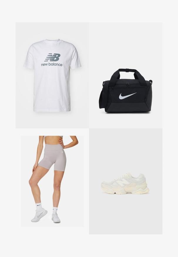 Biela bavlnená tričko s šedým logom "NB" a textom "new balance", krátke rukávy, klasický dizajn okrúhleho výstrihu, hladká textúra.; Svetlošedé šortky s vysokým pásom, hladkou textúrou a jemným gradientovým vzorom. Obsahujú malé logo na boku.; Ľahká teniska s vrchom z nylonovej sieťoviny a zamatovej kože v jemných krémových odtieňoch, so robustnou podrážkou a trojrozmernými akcentmi.; Čierna cestovná taška vyrobená z hladkej tkaniny, s dvojitými zipsovými vreckami, polstrovanými uchami a veľkým bielym logom Nike na prednej strane.