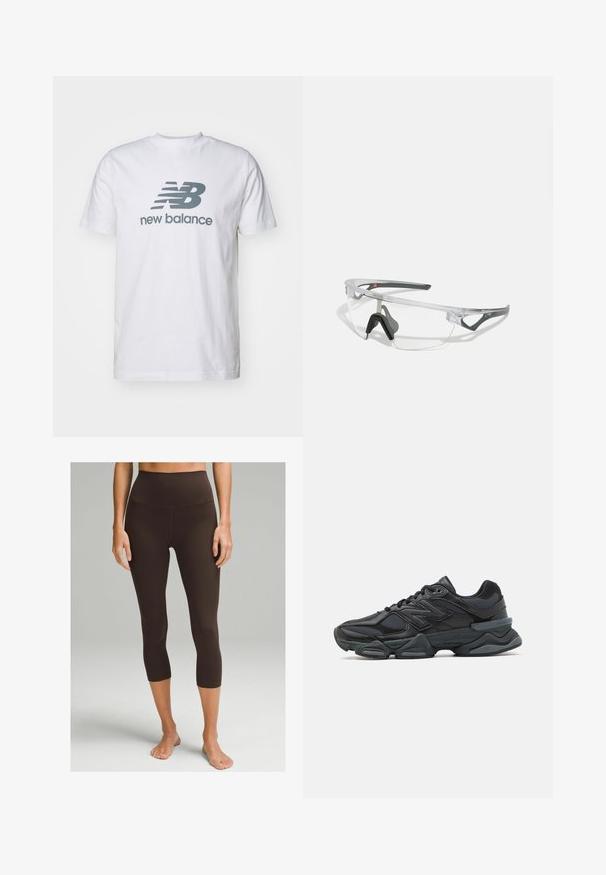 Witte katoenen t-shirt met een grijs "NB" logo en "new balance" tekst, korte mouwen, klassieke ronde hals ontwerp, zachte textuur.; lululemon ALIGN™ HIGH-RISE 53 CM - Tights - espresso; Zwarte hardloopschoen met een mix van mesh en synthetische materialen, een stevige zool, gebogen ontwerp en prominente branding op de zijkant.; Duidelijke veiligheidsbril met een lichtgewicht, transparant montuur en grijze accenten. Bevat een rond lopend ontwerp en een verstelbare neuspiece.