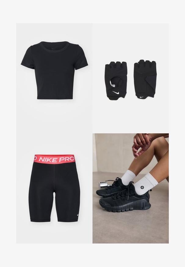 Musthave musta lühike T-särk, mis on valmistatud pehmest ja venivast kangast. Omab ümmargust kaelust ja lühikesi varrukaid, lihtsa disainiga.; Musthave musta lühike T-särk, mis on valmistatud pehmest ja venivast kangast. Omab ümmargust kaelust ja lühikesi varrukaid, lihtsa disainiga.; Mustad mustrisü shorts, millel on punane ja valge "NIKE PRO" elastne vöökoht, sile tekstuur ja keha järgiv disain, millel on väikene logo alajalaosas.; Mustad must спортjalatsid tekstuurse kangaga, nöörimise disainiga ja silmapaistva tallaga, koos valgete ribafreeside sokkidega, millel on väike logo.; Mustad mustruu kindad, mis on valmistatud venivast materjalist, avatud peopesadega disainiga, grippimiskohtadega ja valge Nike logoga.