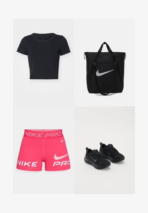 Černé zkrácené tričko vyrobené z měkké a elastické tkaniny. Má kulatý výstřih a krátké rukávy s jednoduchým designem.; Růžové atletické šortky s širokým páskem s logem. Na přední straně mají výrazné bílé logo "NIKE" a "PRO" a jsou vyrobeny z hladké, elastické látky.; Černé sportovní boty s texturovaným svrškem, šněrovacím designem a silnou, měkkou podrážkou. Na každé straně se nachází šedé logo Nike.; Černá nylonová taška s dvěma pevným uchy a zipovým uzávěrem. Obsahuje výrazné bílé logo Nike ve tvaru swoosh v horizontálním pruhovaném designu.
