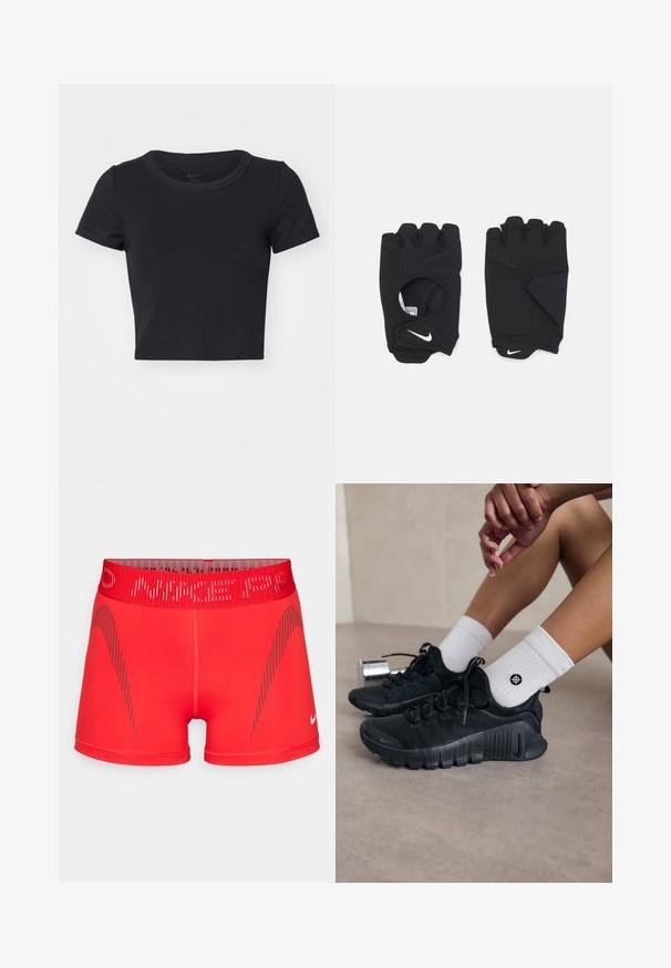 T-shirt nera corta realizzata in tessuto morbido ed elastico. Presenta un collo rotondo e maniche corte con un design semplice.; Shorts sportivi rossi con un design aderente, vita elastica e accenti a strisce diagonali grigie. Realizzati in un tessuto elastico e liscio.; Scarpe da ginnastica nere con tessuto texturizzato, design con lacci e suola prominente, abbinate a calze bianche a coste con un piccolo logo.; Guanti neri senza dita realizzati in materiale elastico, con un design per il palmo aperto, dettagli antiscivolo e il logo Nike in bianco.