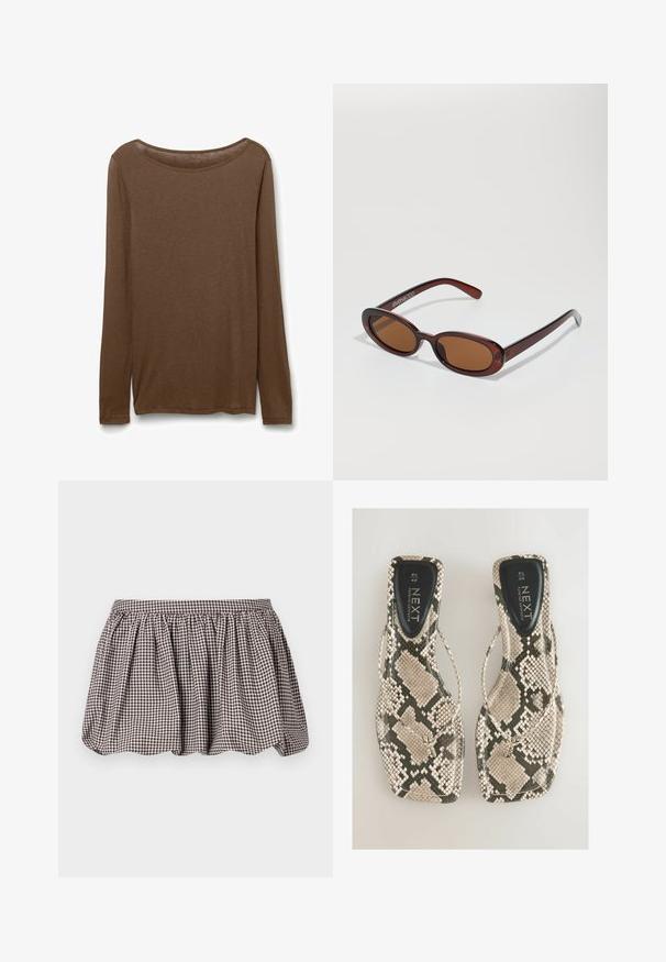 Braunes Langarmhemd aus weichem Material, mit Rundhalsausschnitt und geradem Schnitt, seitlichen Schlitzen am Saum für mehr Bewegungsfreiheit.; Braun-weiß karierten A-Linien-Rock mit gerafftem Bund, aus leichtem Stoff gefertigt, mit einem subtilen strukturierten Muster.; Flache Sandalen mit einem Schlangenmuster in Beige- und Grautönen, mit einem Zehensteg-Design und einer glatten schwarzen Innensohle, die mit "NEXT" beschriftet ist.; Runde, braun getönte Sonnenbrillen mit einem glänzenden burgunderfarbenen Rahmen. Schlanke Bügel mit dezentem Branding. Flaches Linsendesign.