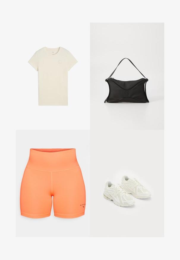 Majica kratkih rukava svijetlosmeđe boje, izrađena od mekanog pamuka, s malim bijelim logotipom Pume na gornjem lijevom dijelu grudi.; Visoke sportske kratke hlače u svijetlo narančastoj boji, izrađene od glatkog, rastezljivog materijala. Imaju kontrastne šavove i logo na lijevoj nozi.; Bijele atletske cipele izrađene od mrežastih i sintetičkih materijala, s dizajnom na vezivanje, podstavljenim ovratnikom i teksturiranom potplatom za prijanjanje. Lagana konstrukcija.; Crna torba s mekim, teksturiranim materijalom. Ima valoviti dizajn, jedan naramenicu i suptilan logo detalj s prednje strane.