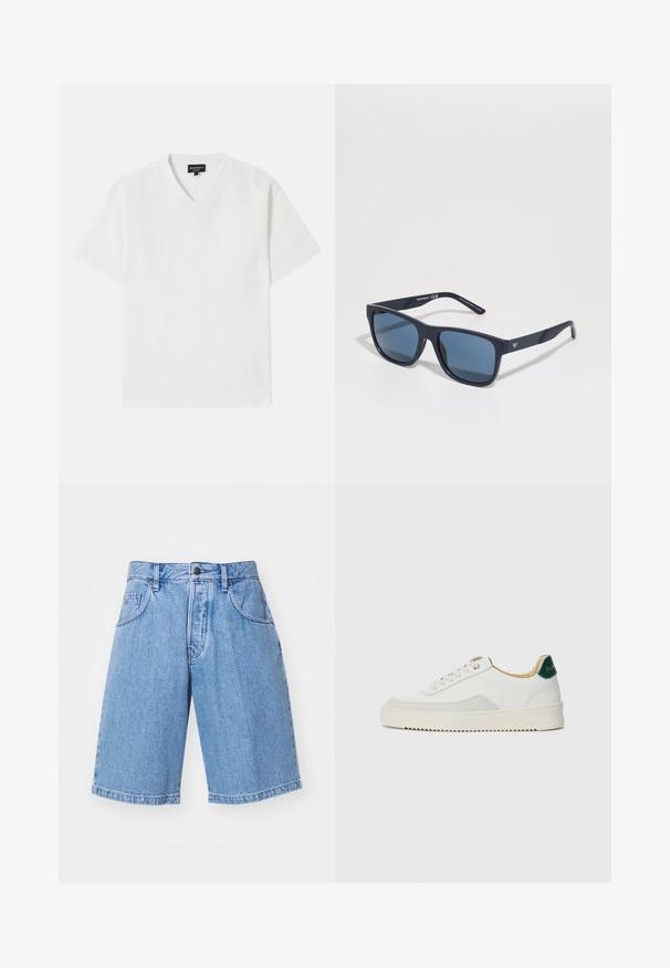 Bela kratka majica s V-izrezom, izdelana iz teksturirane tkanine z nevsiljivim vzorcem. Ima majhen logotip na prsih.; Svetlo modri jeans kratke hlače z ravnim krojem, dvema sprednjima žepoma in enim gumbom za zapiranje v pasu. Čista, enotna tekstura.; Bela trenerka z zaključki iz semiša, okroglo konico, ravne vezalke in kremna gumijasta podplata. Ima zeleno blagovno znamko na peti.; Modre pravokotne sončna očala s temnimi lečami, mat mornarsko okvirjem, logotipom na ušesni strani, ravnimi kraki in trdno, gladko teksturo.