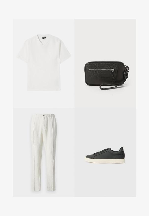 Valge lühikeste varrukatega V-kaelusega t-särk, mis on valmistatud tekstureeritud kangast kerge mustriga. Ees on väike logo.; Valged lina püksid vabalt langeva lõikega, millel on reguleeritav vöökoht, kaks eesmist voldikut ja sirged sääred. Sile tekstuur ja minimalistlik disain.; Mustmustest musta poolprofiiliga, ümmargune varvas ja paeltega sulgemine; omab tekstureeritud kummist tallat ja logo detaili kontsa peal.; Must musta nahk-käekott tekstureeritud pinnaga, ees suure tõmblukuga tasku ja eemaldatav randmepael. Esiküljel on logo-patch. Ristkülikukujuline.