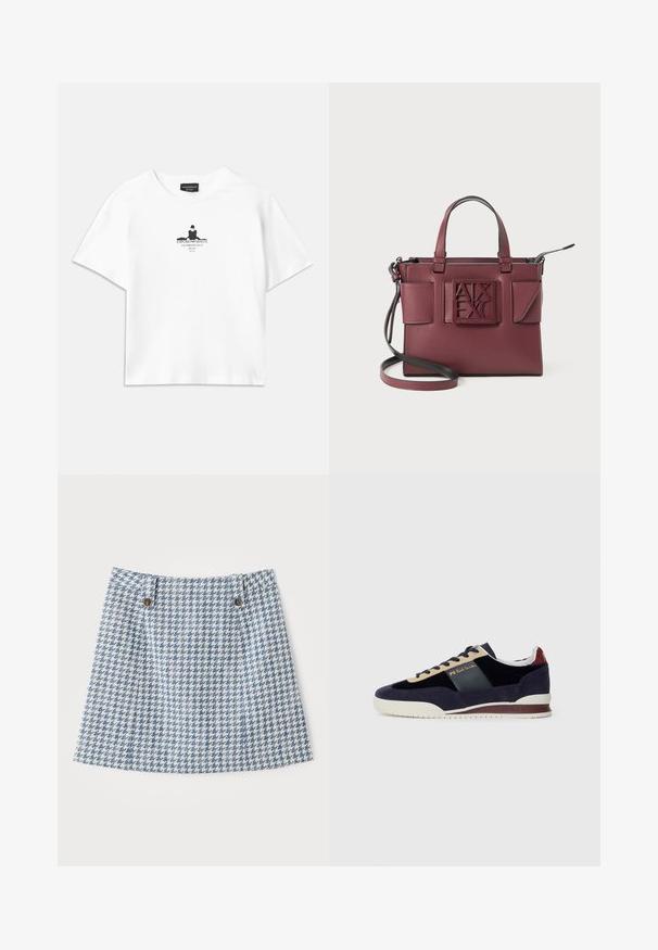 Hvit bomull t-skjorte med løs passform, med en svart grafisk trykk i midten som inkluderer tekst og en silhuett-design.; Blå og hvit hundetannmønstret skjørt med svevende form, som har to frontknapper og et teksturert vevd materiale.; Marineblå søm sko med beige og mørkeblå detaljer. Har en hvit gummisåle og gullmerke på siden. Klassisk atletisk design.; Burgunderfarget lærhåndveske med doble håndtak, justerbar skulderrem og preget logo på forsiden. Har to sidelommer og et elegant design.