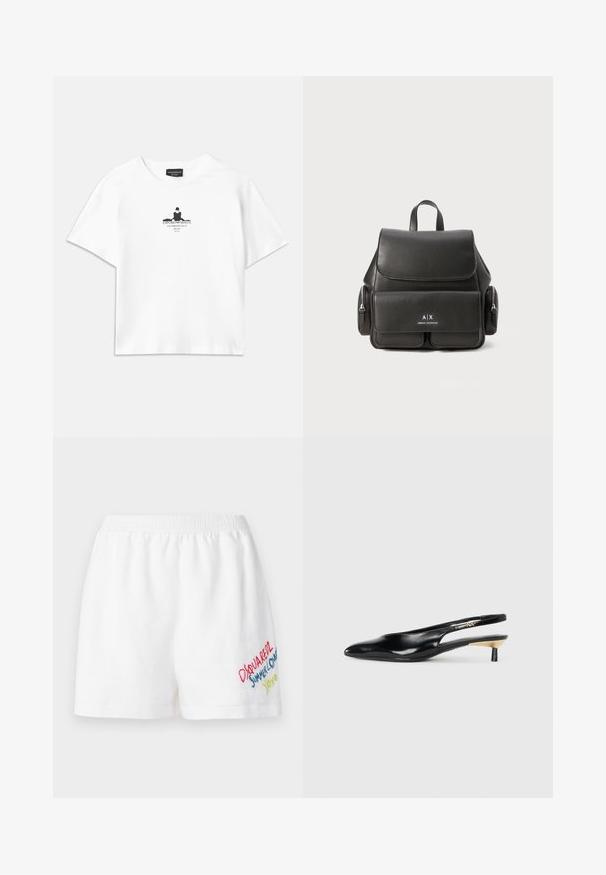 White cotton t-shirt with a loose fit, featuring a black graphic print in the center that includes text and a silhouette design.; Dsquared2 BAGGY - Shorts - white; Black slingback pump with a pointed toe, glossy leather finish, and a small heel with a gold accent. Sleek design with a open back.; Black leather backpack with a flap closure, front pocket, side zipper compartments, and a top handle. Features logo detailing at the front.