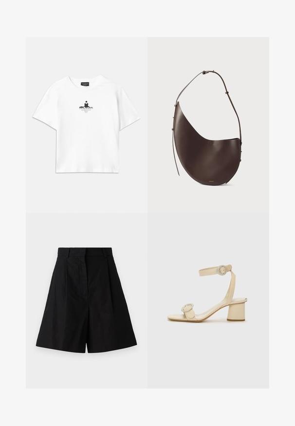 Bílý bavlněný tričko s volným střihem, které má uprostřed černý grafický potisk obsahující text a siluetový design.; Černé vysoko pasové kraťasy s plisovaným designem, obsahující boční kapsy a hladkou texturu látky. Čisté linie a přesný střih.; Béžové sandály na vysokém podpatku s minimalistickým designem, které mají dva kulaté akcenty a silný podpatek. Vyrobené z hladké kůže.; Hnědá kožená kabelka s zakřiveným tvarem, jedním popruhem a minimalistickým designem. Obsahuje nenápadné logo a zlaté kovové prvky.