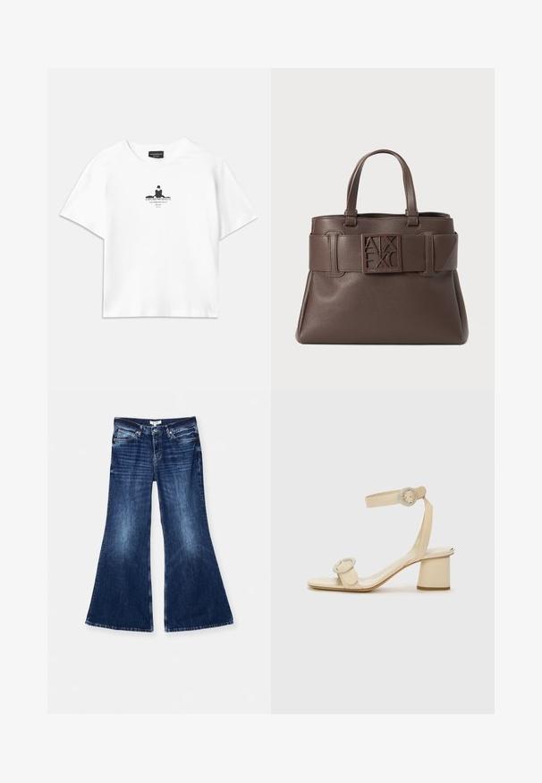 T-shirt en coton blanc avec une coupe ample, présentant une impression graphique noire au centre incluant du texte et un design en silhouette.; RE/DONE BAGGY FLARE - Jean flare - monterey fade; Sandales à talons hauts beiges au design minimaliste, dotées de deux accents circulaires et d'un talon épais. Fabriquées en cuir lisse.; Sac à main en cuir marron avec texture granuleuse, anses supérieures et un logo bien en vue sur une sangle ressemblant à une ceinture. Présente des accents angulaires et une forme structurée.