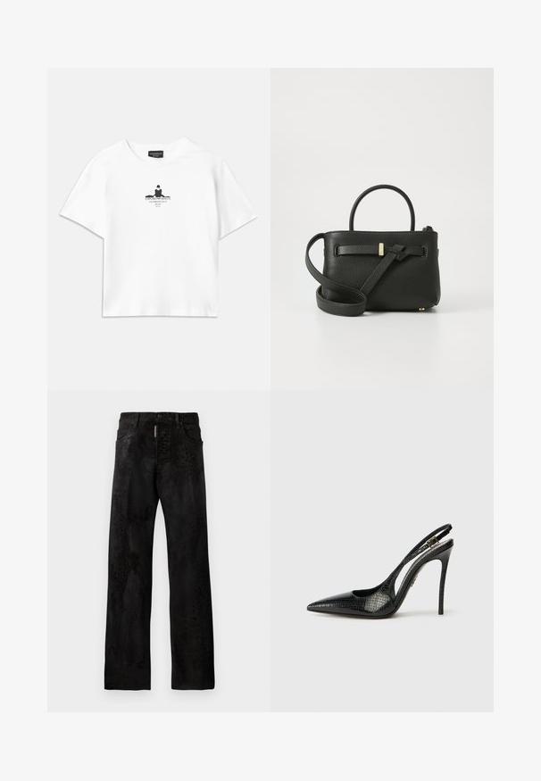 Bílý bavlněný tričko s volným střihem, které má uprostřed černý grafický potisk obsahující text a siluetový design.; Černé džínové kalhoty s rovnýmsluhem, obsahující jemný vzor zvířecího printu, pět kapes a zapínání na knoflík.; Černé slingback lodičky s špičatou špičkou, texturovaným hadím vzorem, jehlovým podpatkem a ozdobnou sponou na pásku.; Černá kožená kabelka s texturovaným povrchem, s horními uchy a dlouhým nastavitelným popruhem. Na přední straně je zdobena zlatými kovovými akcenty.