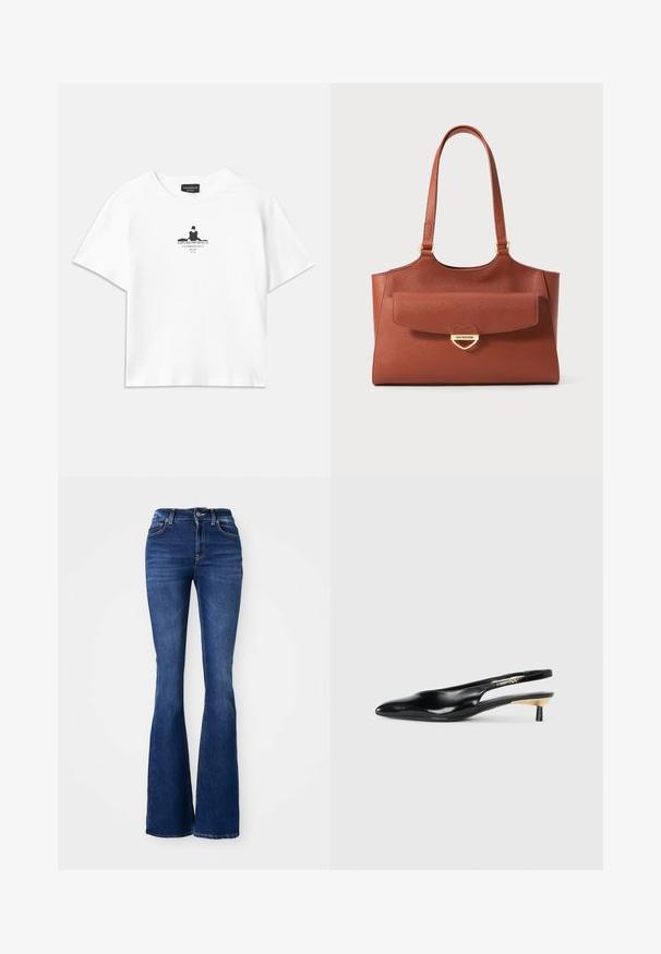 Camiseta branca de algodão com um corte solto, apresentando uma impressão gráfica preta no centro que inclui texto e um design de silhueta.; Calças de ganga escuras, com corte flare e subida alta, feitas de denim, apresentando costuras em contraste e fecho com botão à frente.; Sapatilha preta estilo slingback com bico fino, acabamento em couro brilhante e um pequeno salto com um detalhe dourado. Design elegante com parte de trás aberta.; Bolsa tote em couro castanho com alças longas, bolso frontal com aba e fecho em forma de coração dourado gravado com "Love Moschino".