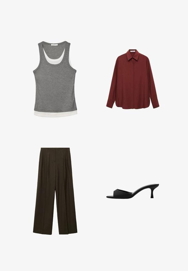 Šedý tílko vyrobené z elastického materiálu, s bílým vrstveným lemem a kulatým výstřihem. Design je bez rukávů a má úzký střih.; Burgundská košile s dlouhým rukávem, špičatým límečkem, předním zapínáním na knoflíky a volným střihem. Vyrobena z hladké tkaniny s minimalistickým designem.; Kalhoty s širokými nohavicemi ve tmavě olivově zelené látce, s plisováními, rovného střihu a hladkou texturou. Žádné viditelné kovové prvky ani akcenty.; Černé lodičky na vysokém podpatku s širokým, otevřeným špičkou a zakřiveným svrškem. Vyrobené z texturované látky, mají štíhlý podpatek a hladkou podrážku.