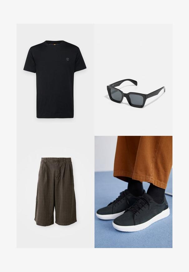 Black cotton t-shirt with a crew neckline, short sleeves, and a small, embroidered logo on the chest. Smooth texture, classic fit.; Brown striped shorts with a loose fit. Made from lightweight fabric, featuring pleats and a cuffed hem for added detail.; Black suede sneakers with white rubber soles, featuring lace-up design, textured accents, and subtle branding, paired with brown pants.; Black rectangular sunglasses with dark lenses. Plastic frame with a glossy finish, featuring a wide bridge and slightly tapered arms.