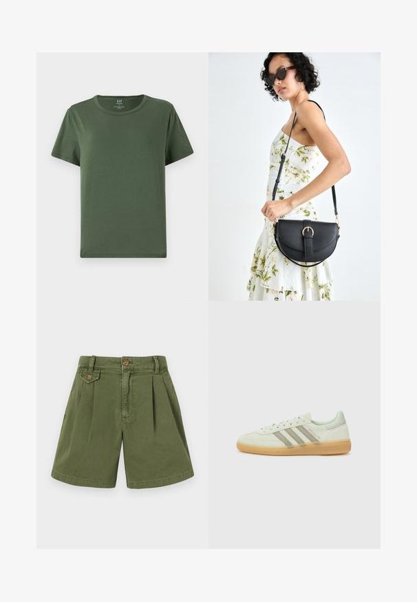 Zelené bavlněné tričko s krátkými rukávy, klasickým výstřihem a volným střihem. Má rovný lem a minimalistický design.; Khaki šortky vyrobené z bavlny, s plisovaným designem, knoflíkem v pase a bočními kapsami. Hladká textura a rovný střih nohavic.; Světle zelené semišové tenisky s třemi šedými pruhy, gumovou podrážkou a minimalistickým designem. Na boku se nachází detail s logem.; Černá kožená kabelka s křivkovým tvarem, odnímatelným popruhem a zlatými detaily. Kabelka má klopu s přezkou.