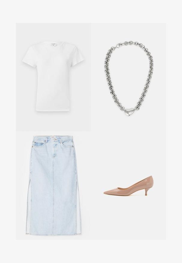 T-shirt bianco in cotone con colletto a girocollo e maniche corte, caratterizzato da una vestibilità rilassata e un design minimalista. Etichetta visibile sul collo.; Gonna maxi in denim azzurro chiaro con taglio dritto, dotata di spacchi laterali e design a cinque tasche. Cuciture in evidenza e chiusura con bottone in metallo.; Stuart Weitzman KITTEN - Decolleté - fawn; Collana in argento con anelli rotondi interconnessi e un accento centrale a forma di cuore lucido. Incluso un fermaglio sicuro.