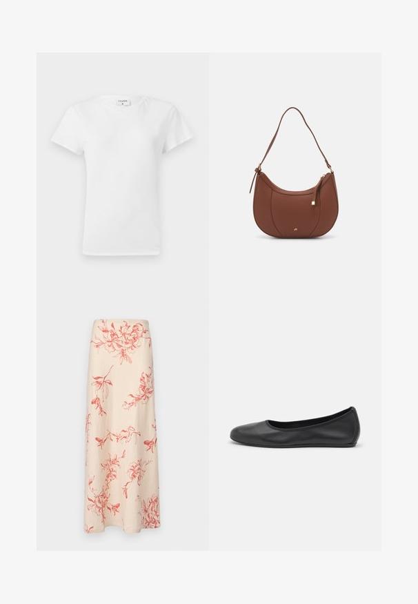Valkoinen puuvillapaita, jossa on pyöreä kaula-aukko ja lyhyet hihat, rento malli ja minimalinen muotoilu. Tuotetunnus näkyvissä kaulassa.; Faithfull the brand ANTIBES MAXI SKIRT - Maksihame - vermilion; Musta nahkainen ballerina, jossa on pyöristetty kärki, sileä pinta, minimaalinen ommelkoristelu ja joustava pohjamuotoilu.; Ruskea keinonahkainen olkalaukku, jossa on kaareva muoto, minimaalinen ompelu ja kultasävyinen varuste. Varustettu ylhäältä avautuvalla vetoketjullisella suljennalla ja säädettävällä hihnalla.