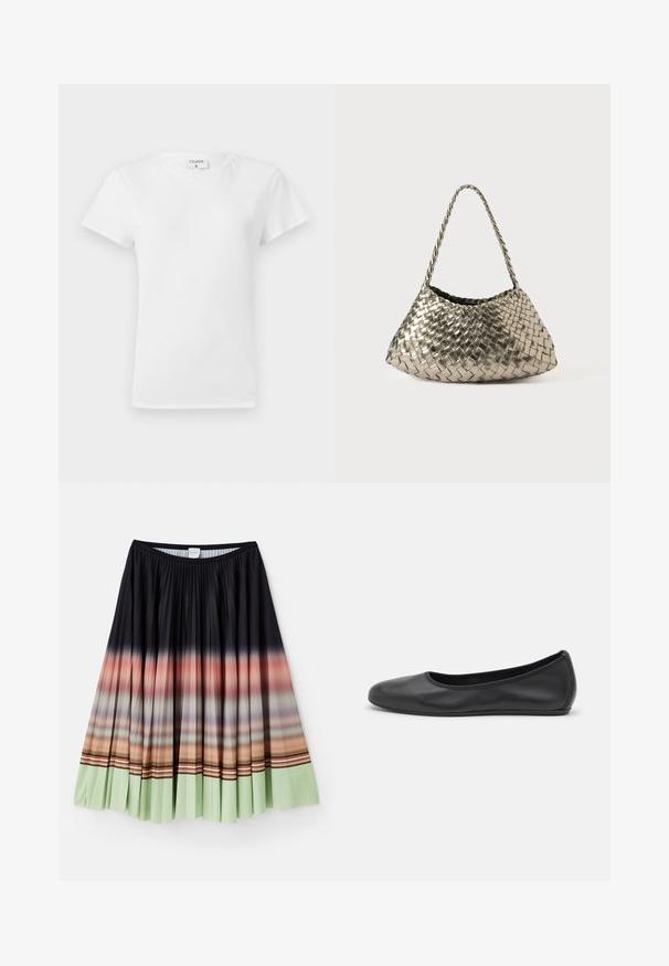 Balts kokvilnas T-krekls ar apaļu kakla izgriezumu un īsām piedurknēm, tam ir brīvs piegriezums un minimālistisks dizains. Vēl redzama birka pie kakla.; Kleitas svārki melnā krāsā ar ombre gradāciju, kas pāriet no oranžas krāsas uz piparmētru zaļu pie apakšmalas, un ar krāsainiem svītrainiem akcentiem.; Melna ādas baleta kurpe ar noapaļotu purngalu, gludu tekstūru, minimālu šuvju detalizāciju un elastīgu zoles dizainu.; Metālisks austs rokassoma ar trīsstūrveida formu, aprīkota ar pīti siksnu un samta oderi. Krāsa: sudraba. Tekstūra: vienmērīga un auduma līdzīga.