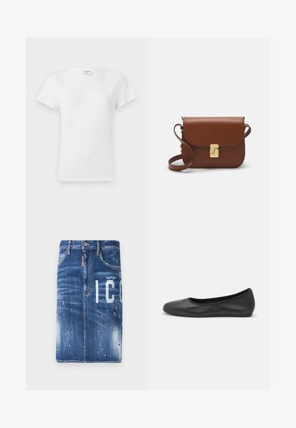 Hvid bomulds t-shirt med rund hals og korte ærmer, præsenteret i et afslappet fit og minimalistisk design. Etiketten er synlig ved halsen.; Mørkeblå denimnederdel med slidte detaljer, lyse blegede pletter og trykte bogstaver. Har standard talje og lynlås lukning.; Sort læderballetsko med rund tå, glat tekstur, minimal syning og et fleksibelt såldesign.; Brun læder håndtaske med flaplukning, hardware i gyldent tone, en skulderrem og en glat overflade. Kompakt rektangulær form.