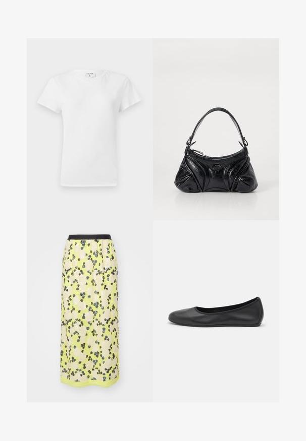 Valkoinen puuvillapaita, jossa on pyöreä kaula-aukko ja lyhyet hihat, rento malli ja minimalinen muotoilu. Tuotetunnus näkyvissä kaulassa.; MUNTHE OMI - Kynähame - lemon; Musta nahkainen ballerina, jossa on pyöristetty kärki, sileä pinta, minimaalinen ommelkoristelu ja joustava pohjamuotoilu.; Musta käsilaukku, joka on valmistettu teksturoidusta nahasta ja jolla on pyöreä muoto. Sisältää ohuen olkahihnan ja koristeellisia kohokuvioituja kuvioita.