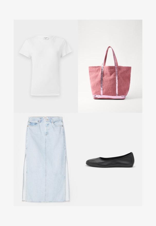 Witte katoenen t-shirt met ronde hals en korte mouwen, met een relaxed fit en een minimalistisch ontwerp. Etiket zichtbaar aan de hals.; Lichtblauwe denim maxi rok met een rechte snit, voorzien van zijsplits en een ontwerp met vijf zakken. Opvallende stiksels en metalen knoopsluiting.; Zwarte leren ballerina met een ronde neus, gladde textuur, minimale stikdetails en een flexibele zoolontwerp.; Vanessa Bruno CABAS - Shopper - grenat