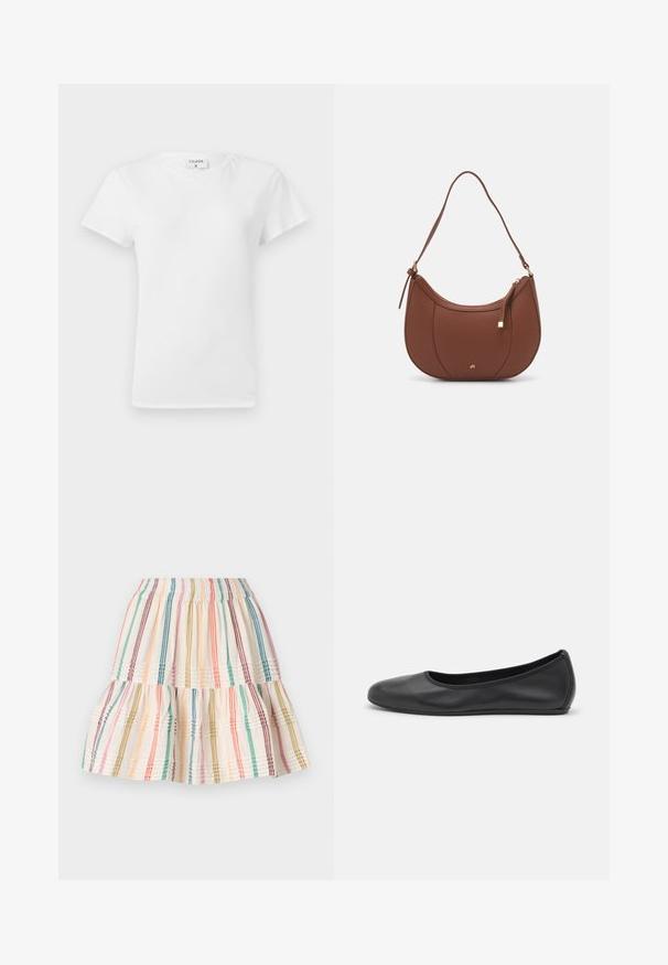 Bela bombažna majica s krojem na vratu in kratkimi rokavi, ki ima sproščen kroj in minimalističen dizajn. Oznaka vidna na vratu.; Večplastna krila iz lahkega materiala s horizontalnimi črtami v pastelnih barvah. Ima elastičen pas in nabran videz.; Črne usnjene balerinke z zaobljenim nosom, gladko teksturo, minimalnimi šivi in fleksibilno zasnovo podplata.; Rjava usnjena torbica z ramenskim ročajem, ukrivljene oblike, minimalnim šivom in zlato-tonirano kovinsko dekoracijo. Ima zgornje zapiranje na zadrgo in nastavljiv trak.