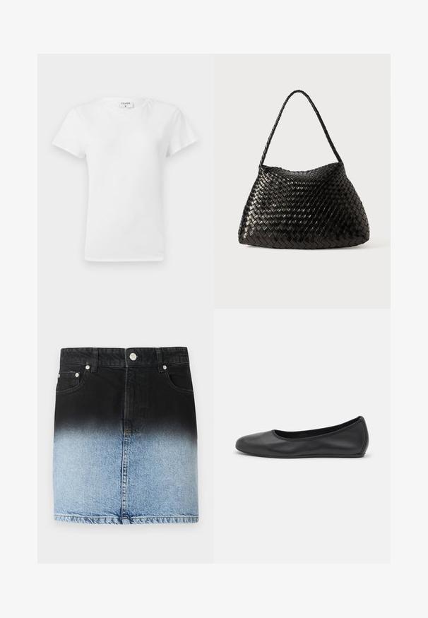 Tricou alb din bumbac, cu guler rotund și mâneci scurte, având o croială lejeră și un design minimalistic. Eticheta este vizibilă la gât.; Fustă din denim cu un design ombré, trecând de la negru în partea de sus la albastru deschis în partea de jos. Cinci buzunare și detalii metalice de argint.; Balerini din piele neagră, cu vârf rotund, textură netedă, detalii de cusătură minimale și un design al tălpii flexibil.; Geantă din piele împletită neagră, cu o formă curbată și moale și o singură curea împletită, având o textură netedă și un model complex.