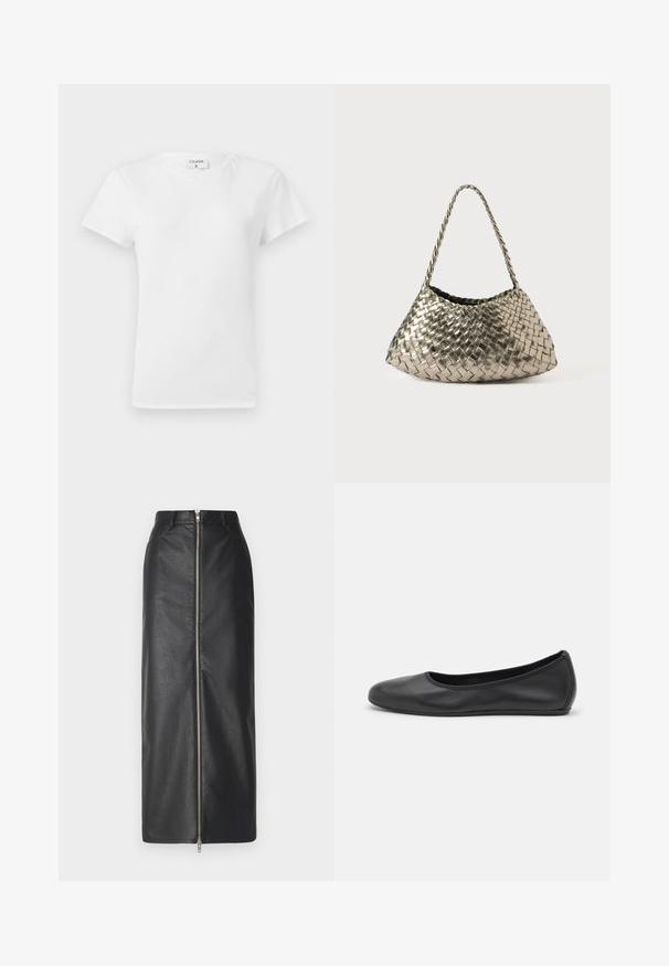 Balts kokvilnas T-krekls ar apaļu kakla izgriezumu un īsām piedurknēm, tam ir brīvs piegriezums un minimālistisks dizains. Vēl redzama birka pie kakla.; Melnas ādas midi svārki ar priekšējo rāvējslēdzēju, divām sānu kabatām un taisnu siluetu. Gluda tekstūra ar niecīgu struktūru.; Melna ādas baleta kurpe ar noapaļotu purngalu, gludu tekstūru, minimālu šuvju detalizāciju un elastīgu zoles dizainu.; Metālisks austs rokassoma ar trīsstūrveida formu, aprīkota ar pīti siksnu un samta oderi. Krāsa: sudraba. Tekstūra: vienmērīga un auduma līdzīga.