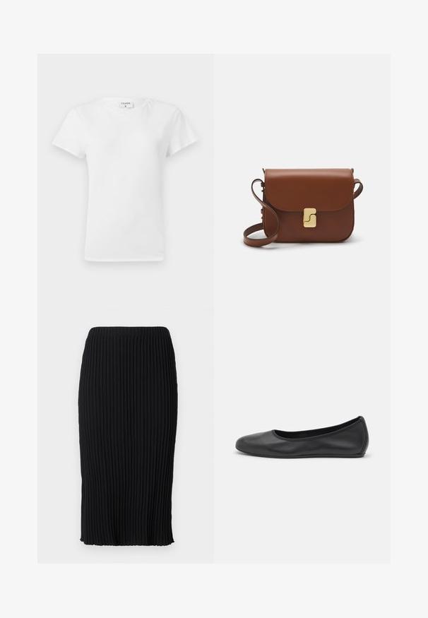 Tricou alb din bumbac, cu guler rotund și mâneci scurte, având o croială lejeră și un design minimalistic. Eticheta este vizibilă la gât.; Fustă midi neagră cu pliseuri verticale, talie elastică și fante pe lateral. Fabricată dintr-un material elastic, cu textură netedă și design ajustat.; Balerini din piele neagră, cu vârf rotund, textură netedă, detalii de cusătură minimale și un design al tălpii flexibil.; Geantă de piele maro cu închidere tip capac, accesorii de culoare aurie, curea de umăr și o textură netedă. Formă compactă și rectangulară.
