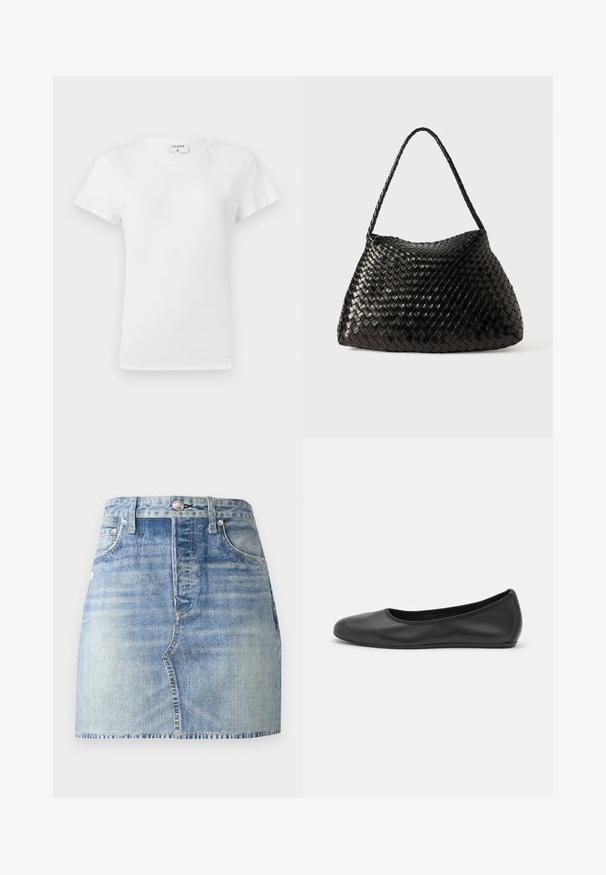 Vit bomulls t-shirt med rundad halsringning och korta ärmar, med en avslappnad passform och minimalistisk design. Etikett synlig vid nacken.; Jeanskjol i ljusblå tvätt, hög midja med en figurnära design, fransad kant och klassisk femficksstil. Silverdetaljer i metall.; Svart läderballerinaskor med rund tå, slät yta, minimala söm detaljer och en flexibel sula.; Svart vävt läderhandväska med en kurvig, mjuk form och ett enda flätat bärhandtag, som har en slät yta och ett intrikat mönster.