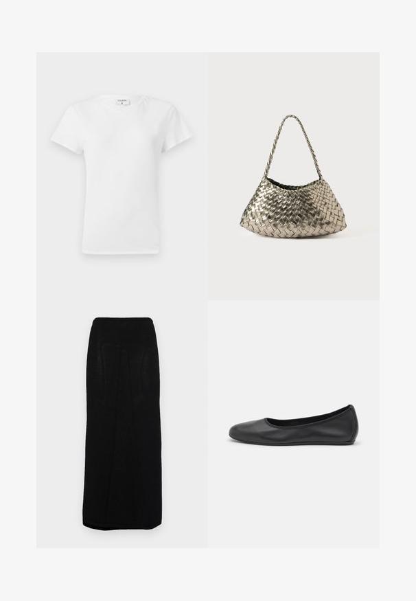 Weißes Baumwoll-T-Shirt mit Rundhalsausschnitt und kurzen Ärmeln, das einen lockeren Sitz und ein minimalistisches Design aufweist. Etikett am Hals sichtbar.; Schwarzer Strick-Maxikilt mit geradem Schnitt, der einen gerippten Bund und subtile vertikale Nähte an den Seiten aufweist.; Schwarze Leder-Ballettschuhe mit abgerundeter Spitze, glatter Textur, minimalen Nähdetails und einem flexiblen Sohlen-Design.; Metallisch gewebte Handtasche in dreieckiger Form, mit einem geflochtenen Träger und einem mit Samt ausgekleideten Innenraum. Farbe: Silber. Textur: glatt und stoffartig.