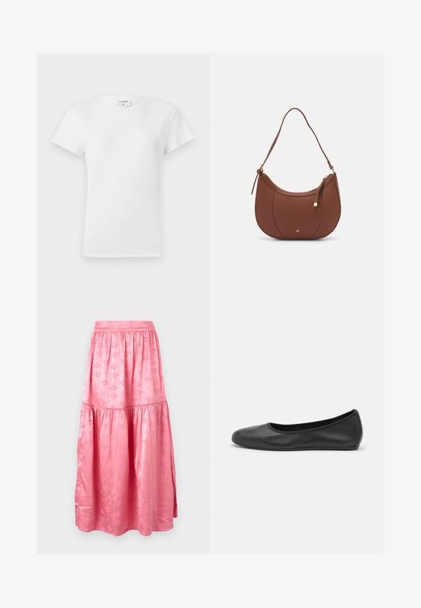 Fehér pamut póló kerek nyakkivágással és rövid ujjal, laza fazonban és minimalista dizájnnal. A címke látható a nyakán.; Rózsaszín, több rétegből álló szoknya sima anyagból, finom virágmintákkal. Rugalmas derékrész és teljes hosszúságú kivitel. Enyhe fényességgel rendelkezik.; Fekete bőr balettcipő lekerekített orral, sima tekstúrával, minimális varrással és rugalmas talp kialakítással.; Barna műbőr válltáska ívelt formával, minimális varrással és arany színű kiegészítőkkel. Jellemzője a felső cipzáras záródás és állítható pánt.