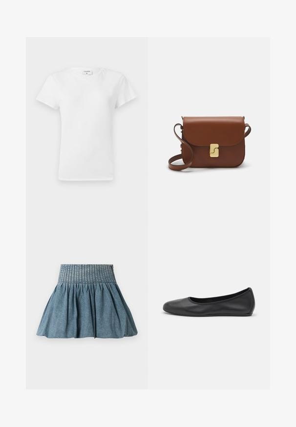 Balts kokvilnas T-krekls ar apaļu kakla izgriezumu un īsām piedurknēm, tam ir brīvs piegriezums un minimālistisks dizains. Vēl redzama birka pie kakla.; Denim svārki ar savilkuma tekstūru, kas iekļauj plašu elastīgu jostu. Krāsa ir gaiši zila ar maigu, gludu apdari.; Melna ādas baleta kurpe ar noapaļotu purngalu, gludu tekstūru, minimālu šuvju detalizāciju un elastīgu zoles dizainu.; Bordo ādas rokas soma ar atloku, zeltītām detaļām, plecu siksnu un gludu virsmu. Kompakta, taisnstūrveida forma.