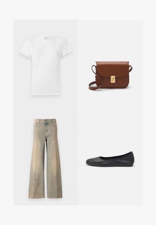 T-shirt de algodão branco com decote redondo e mangas curtas, apresentando um corte relaxado e um design minimalista. Etiqueta visível no pescoço.; Calças jeans largas de denim em azul claro. Apresentam uma cintura alta, bolsos frontais e um padrão de costura distinto ao longo das pernas.; Bailarina preta em pele com bico arredondado, textura suave, detalhe de costura minimalista e design de sola flexível.; Bolsa de couro castanho com fecho de aba, decoração em tom dourado, alça de ombro e textura suave. Formato retangular compacto.