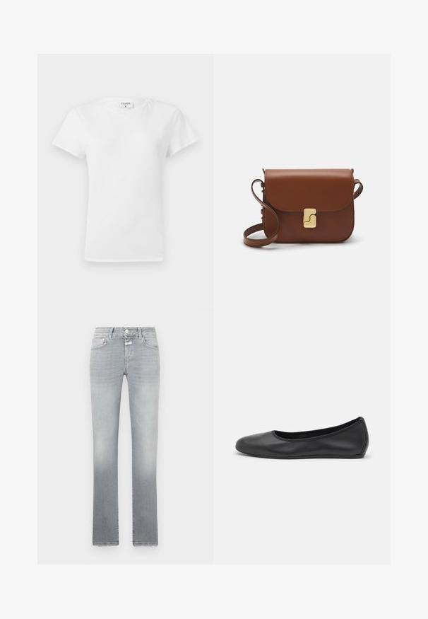 Fehér pamut póló kerek nyakkivágással és rövid ujjal, laza fazonban és minimalista dizájnnal. A címke látható a nyakán.; Slim fit szürke farmernadrág, közepes derékkal, finom kopással és klasszikus, öt zsebes kialakítással, fém gombos záródással.; Fekete bőr balettcipő lekerekített orral, sima tekstúrával, minimális varrással és rugalmas talp kialakítással.; Barna bőr kézitáska, hajtókás zárással, arany színű fém kiegészítőkkel, vállpánttal és sima felülettel. Kompakt téglalap alakú.