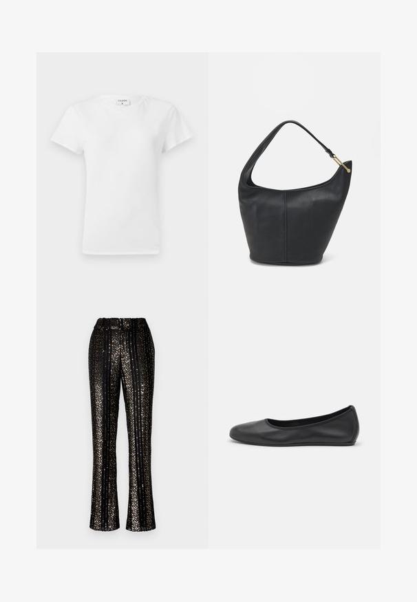 T-shirt de algodão branco com decote redondo e mangas curtas, apresentando um corte relaxado e um design minimalista. Etiqueta visível no pescoço.; Calças pretas com lantejoulas, apresentando riscas verticais, cintura elástica e fundo evasê com realces brilhantes por toda a superfície.; Bailarina preta em pele com bico arredondado, textura suave, detalhe de costura minimalista e design de sola flexível.; Bolsa de mão em pele preta com uma forma arredondada, uma alça larga e um acabamento texturizado. Apresenta um discreto detalhe de costura e um acabamento em metal dourado.