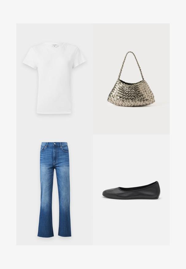 Camiseta blanca de algodón con cuello redondo y mangas cortas, que presenta un corte relajado y un diseño minimalista. Etiqueta visible en el cuello.; Jeans de mezclilla acampanados con un degradado de azul claro a oscuro, cintura alta, diseño de cinco bolsillos y un dobladillo sin acabar en los tobillos.; Bailarina de piel negra con punta redondeada, textura suave, detalle de costura minimalista y diseño de suela flexible.; Bolso de mano metálico tejido con forma triangular, cuenta con una correa trenzada y un interior forrado de terciopelo. Color: plata. Textura: suave y similar a tela.