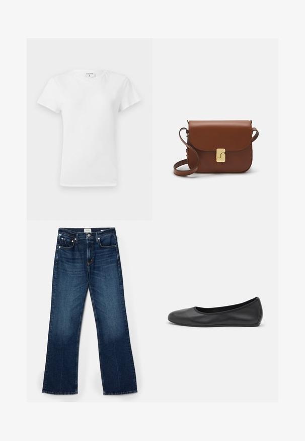 T-shirt bianco in cotone con colletto a girocollo e maniche corte, caratterizzato da una vestibilità rilassata e un design minimalista. Etichetta visibile sul collo.; Jeans in denim blu scuro, taglio a gamba ampia, stile a cinque tasche, con cuciture in evidenza e una texture liscia con lieve scoloritura.; Pantofole da balletto nere in pelle con punta arrotondata, texture liscia, dettagli di cucitura minimi e design con suola flessibile.; Borsa a tracolla in pelle marrone con chiusura a pattina, hardware color oro, tracolla e una finitura liscia. Forma rettangolare compatta.