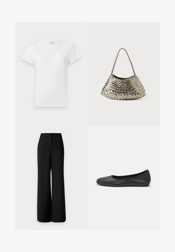 Witte katoenen t-shirt met ronde hals en korte mouwen, met een relaxed fit en een minimalistisch ontwerp. Etiket zichtbaar aan de hals.; MAX&Co. BRIVIDO - Broek - schwarz; Zwarte leren ballerina met een ronde neus, gladde textuur, minimale stikdetails en een flexibele zoolontwerp.; Metalen geweven handtas met een driehoekige vorm, voorzien van een gevlochten hengsel en een met fluweel beklede binnenkant. Kleur: zilver. Textuur: glad en stofachtig.