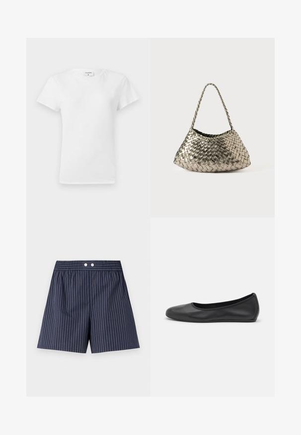 Bijela pamučna majica s okruglim izrezom i kratkim rukavima, s opuštenim krojem i minimalističkim dizajnom. Oznaka vidljiva na vratu.; Tamno plave prugaste kratke hlače s elastičnim pojasom, s dva bijela gumba sprijeda, izrađene od laganog materijala.; Crne kožne baletanke s zaobljenim vrhom, glatke teksture, minimalnim detaljima šavova i fleksibilnim dizajnom potplata.; Metalna tkanina torba s trokutastim oblikom, s pletenom trakom i unutrašnjošću obloženom baršunom. Boja: srebrna. Tekstura: glatka i tkaninska.