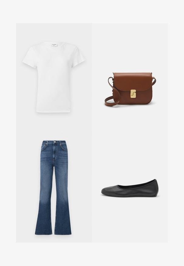 White cotton t-shirt with a crew neckline and short sleeves, featuring a relaxed fit and minimalistic design. Tag visible at the neck.; Flared jeans made of blue denim with a high waist. Features five pockets, a button closure, and subtle fading at the hem.; Black leather ballet flat with a rounded toe, smooth texture, minimal stitching detail, and a flexible sole design.; Brown leather handbag with a flap closure, gold-tone hardware, a shoulder strap, and a smooth texture. Compact rectangular shape.
