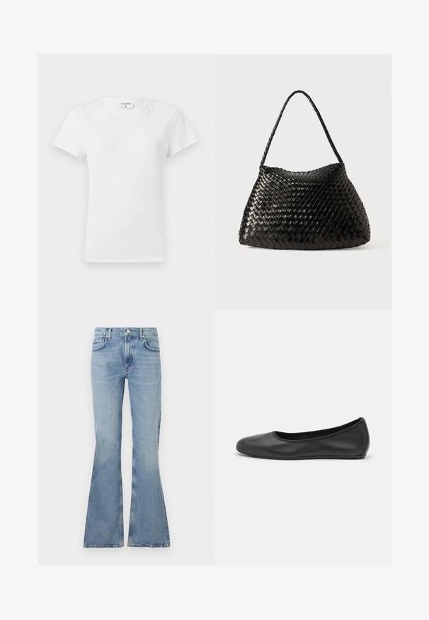 Baltos medvilnės T-marškinius su apvalia iškirpte ir trumpomis rankovėmis, pasižyminčiais laisvu krovu ir minimalizmo dizainu. Etiketė matoma prie kaklo.; Šviesiai mėlynos, plačios džinsinės kelnės, pagamintos iš denimo, su aukštu juosmeniu, penkių kišenių dizainu ir švelniu išblukimu per visą audinį.; Juodai odiniai baletai su apvaliu pirštu, lygi texture, minimalus siuvimo detales ir lanksčiu padų dizainu.; Juodas pintas odinis rankinukas su išlenkta, minkšta forma ir viena pintine rankena, pasižymintis lygiu paviršiumi ir sudėtingu raštu.