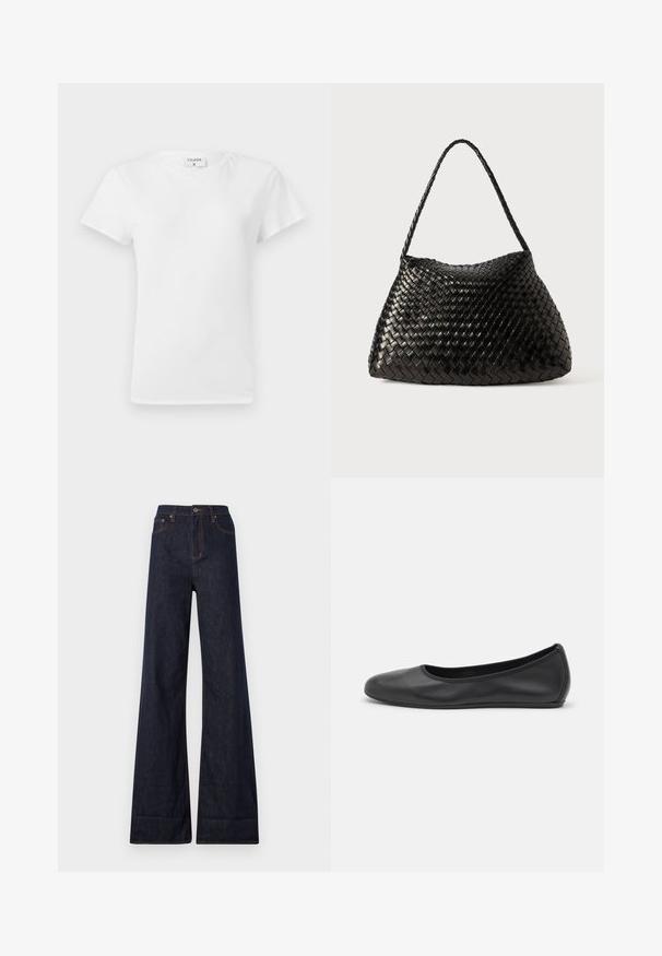 White cotton t-shirt with a crew neckline and short sleeves, featuring a relaxed fit and minimalistic design. Tag visible at the neck.; Ksubi STRIDER CUFF ORIGINAL - Wide Leg - blue denim; Black leather ballet flat with a rounded toe, smooth texture, minimal stitching detail, and a flexible sole design.; Black woven leather handbag with a curved, soft shape and a single braided strap, featuring a smooth texture and an intricate pattern.
