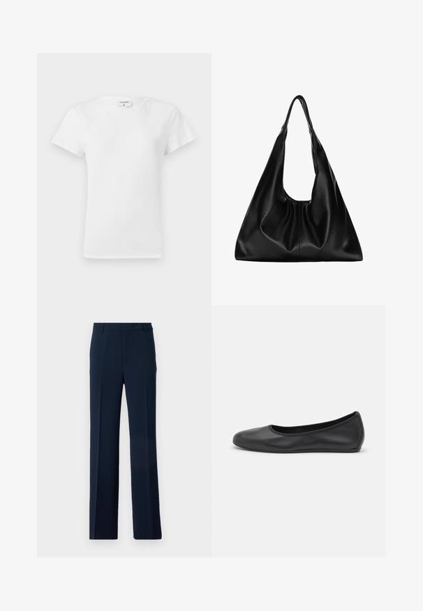Weißes Baumwoll-T-Shirt mit Rundhalsausschnitt und kurzen Ärmeln, das einen lockeren Sitz und ein minimalistisches Design aufweist. Etikett am Hals sichtbar.; Marineblaue Hose aus glattem Stoff, mit einem geraden Bein-Design, Vorderfalten und Seitentaschen für einen maßgeschneiderten Look.; Schwarze Leder-Ballettschuhe mit abgerundeter Spitze, glatter Textur, minimalen Nähdetails und einem flexiblen Sohlen-Design.; Schwarze Leder-Hobo-Tasche mit einer weichen, geschwungenen Form. Sie verfügt über einen breiten Oberhandgriff und Falten an der Basis für eine lässige Textur.