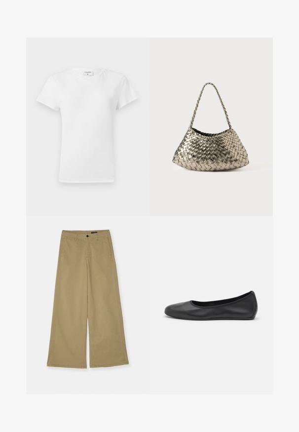 Camiseta blanca de algodón con cuello redondo y mangas cortas, que presenta un corte relajado y un diseño minimalista. Etiqueta visible en el cuello.; Pantalones de pierna ancha en caqui, fabricados en algodón, con cierre de botón, bolsillos laterales y detalles de costura visibles. Textura suave.; Bailarina de piel negra con punta redondeada, textura suave, detalle de costura minimalista y diseño de suela flexible.; Bolso de mano metálico tejido con forma triangular, cuenta con una correa trenzada y un interior forrado de terciopelo. Color: plata. Textura: suave y similar a tela.