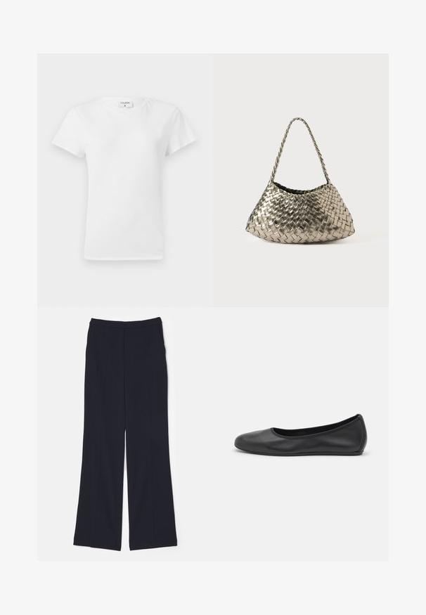 White cotton t-shirt with a crew neckline and short sleeves, featuring a relaxed fit and minimalistic design. Tag visible at the neck.; Navy wide-leg trousers made of a smooth fabric, featuring a high waistband and two front pleats extending down the legs.; Black leather ballet flat with a rounded toe, smooth texture, minimal stitching detail, and a flexible sole design.; Metallic woven handbag with a triangular shape, featuring a braided strap and a velvet-lined interior. Color: silver. Texture: smooth and fabric-like.