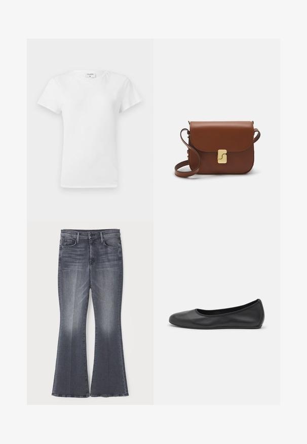 White cotton t-shirt with a crew neckline and short sleeves, featuring a relaxed fit and minimalistic design. Tag visible at the neck.; Flared dark gray denim jeans with a mid-rise waist, featuring classic five-pocket design and subtle whiskering on the front.; Black leather ballet flat with a rounded toe, smooth texture, minimal stitching detail, and a flexible sole design.; Brown leather handbag with a flap closure, gold-tone hardware, a shoulder strap, and a smooth texture. Compact rectangular shape.