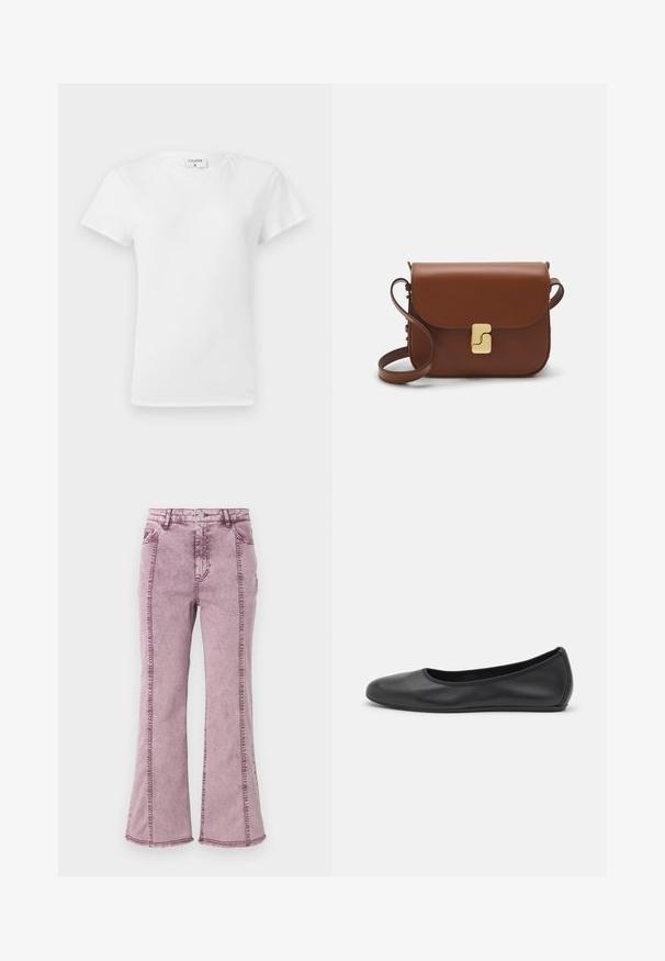 Tricou alb din bumbac, cu guler rotund și mâneci scurte, având o croială lejeră și un design minimalistic. Eticheta este vizibilă la gât.; Jeans flared din denim violet, cu talie înaltă, având cusături vizibile pe laturi și margine brută la baza.; Balerini din piele neagră, cu vârf rotund, textură netedă, detalii de cusătură minimale și un design al tălpii flexibil.; Geantă de piele maro cu închidere tip capac, accesorii de culoare aurie, curea de umăr și o textură netedă. Formă compactă și rectangulară.