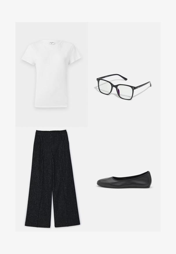 Valge puuvillane T-särk ümmarguse kaelusega ja lühikeste varrukatega, lõdva lõike ja minimalistliku disainiga. Silt on nähtav kaeluses.; Filippa K DARCEY - Püksid - black; Musthave mustika tantsutossud mustast nahast, ümmarguse varbaga, siledast tekstuurist, minimaalse õmblusdetailiga ja paindliku tallakujundusega.; Mustad mustad klaasid selgete läätsedega, millel on kuldsed aksessuaarid raamil ja kergelt lilla varjund ühel läätsel.
